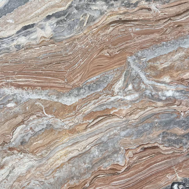 Close-up of natural stone slab with layered patterns in shades of brown, gray, and beige.