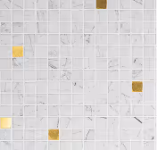 White marble mosaic tiles with occasional small gold square accents in a grid pattern.