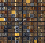 Square mosaic tiles in shades of brown, gold, and black with varying textures and finishes.