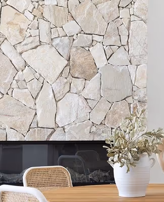 Light beige stone wall above a fireplace with a wooden table in front and a potted plant with green and white leaves on the right side.