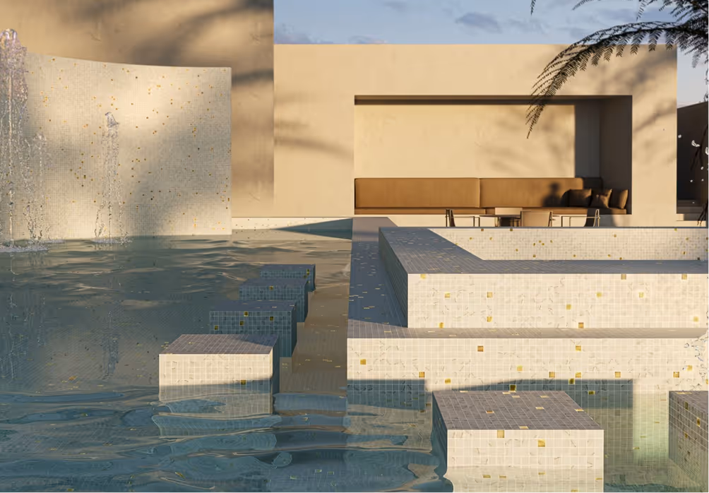 Modern outdoor pool area with mosaic tiled stepping stones, water fountains, and a built-in beige seating nook with cushions.
