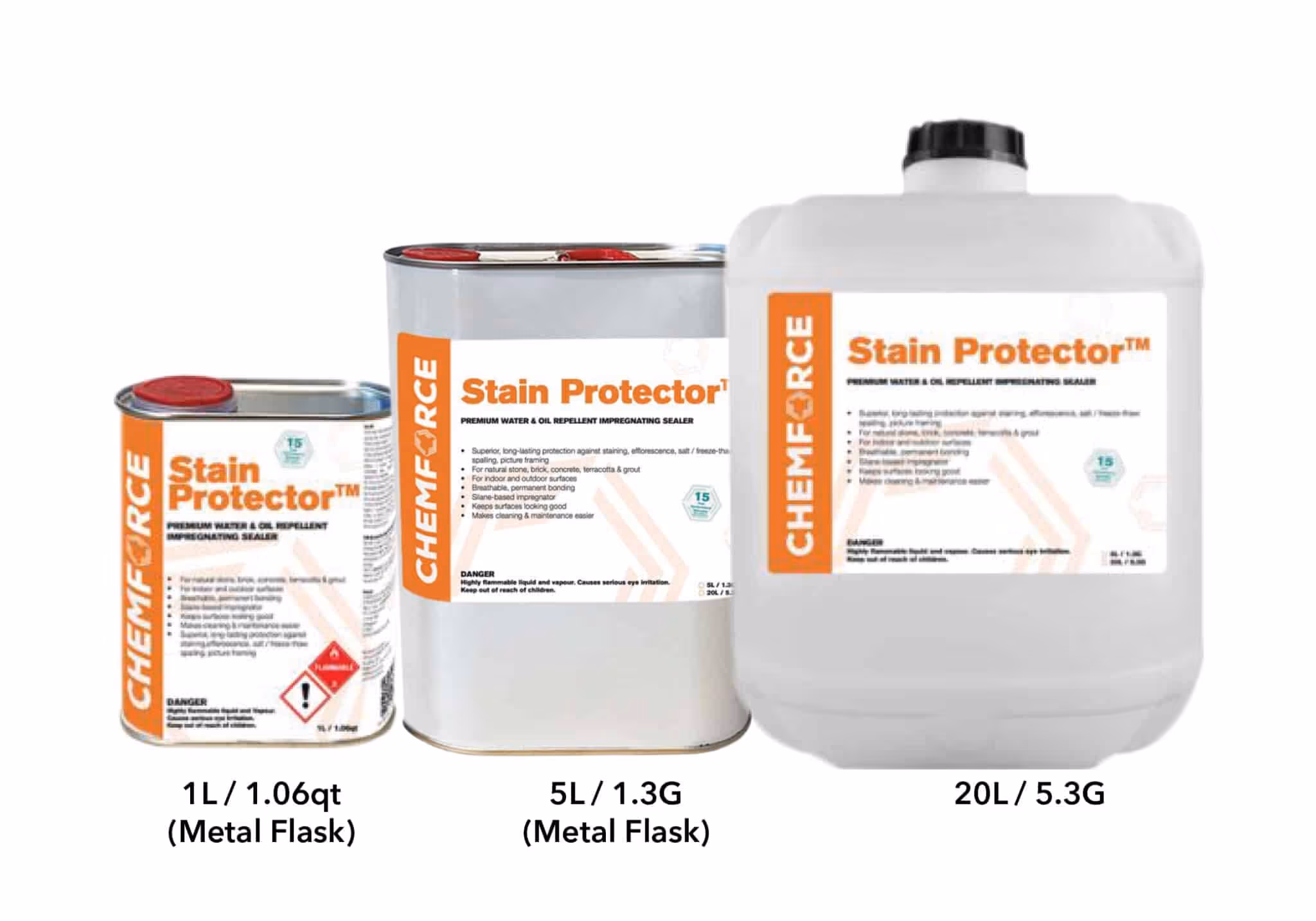Three sizes of Chemforce Stain Protector containers: 1L and 5L metal flasks, and a 20L plastic jug, with labels describing it as a premium water and oil repellent impregnating sealer.
