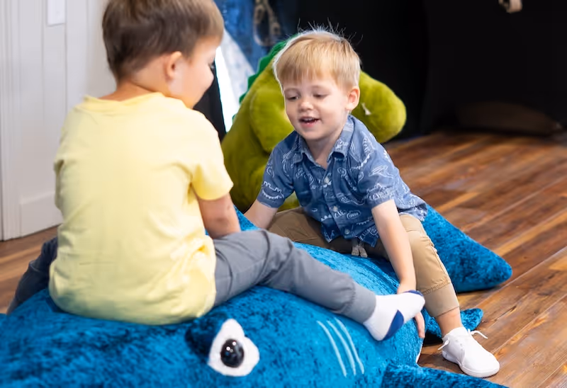 Two young boys playing on a large blue shark-shaped cushion in a room with wooden floors.
