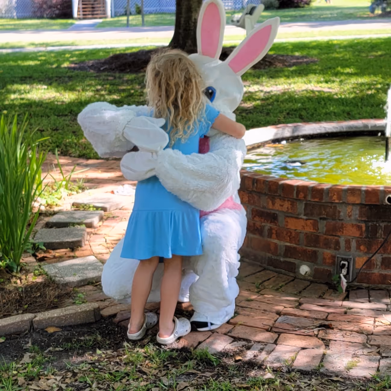 Young girl in blue dress hugging a person dressed in a white Easter Bunny costume near a brick fountain in a garden.