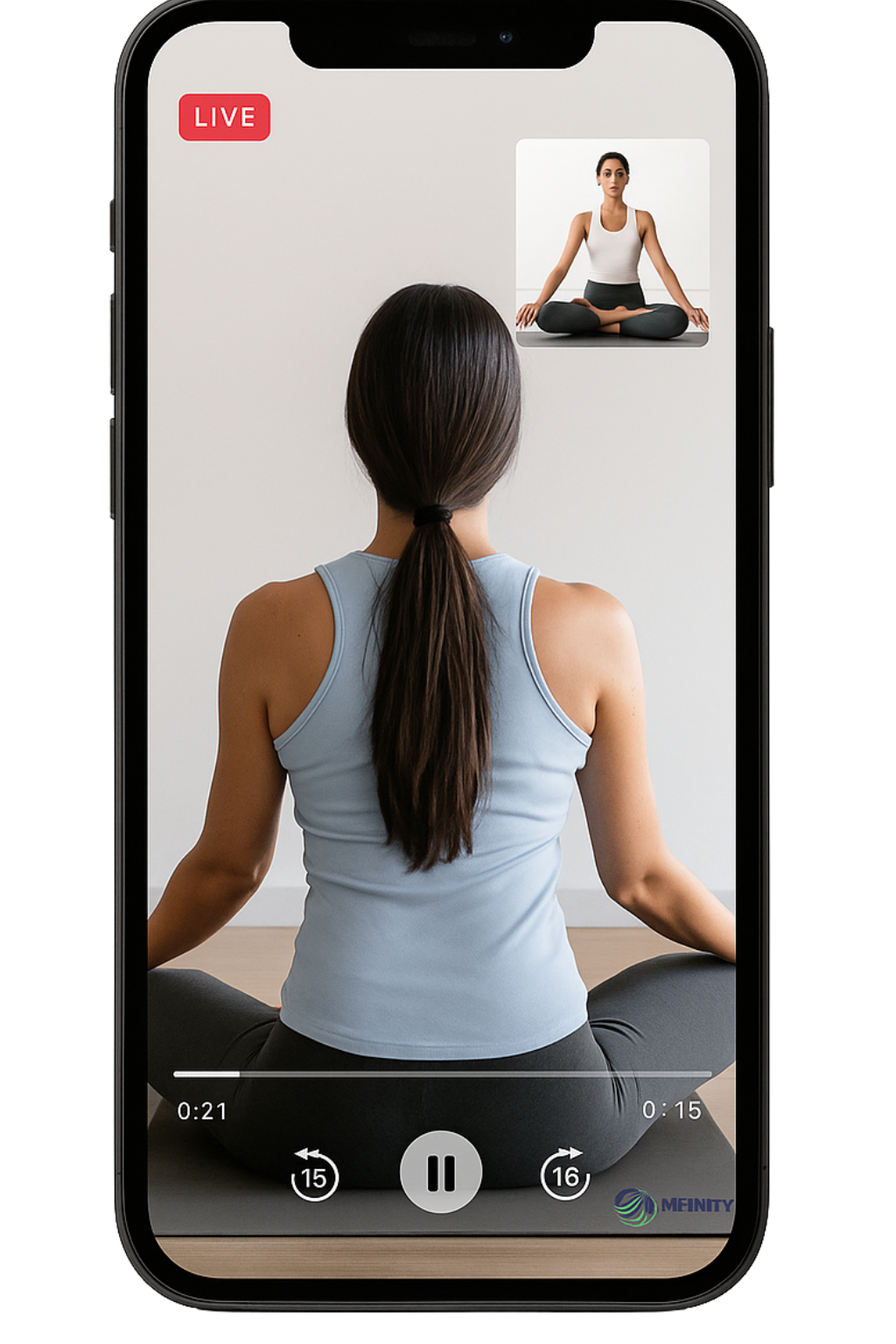 iPhone mockup displaying a live virtual yoga session, showing a woman seated on a mat facing the instructor on screen.