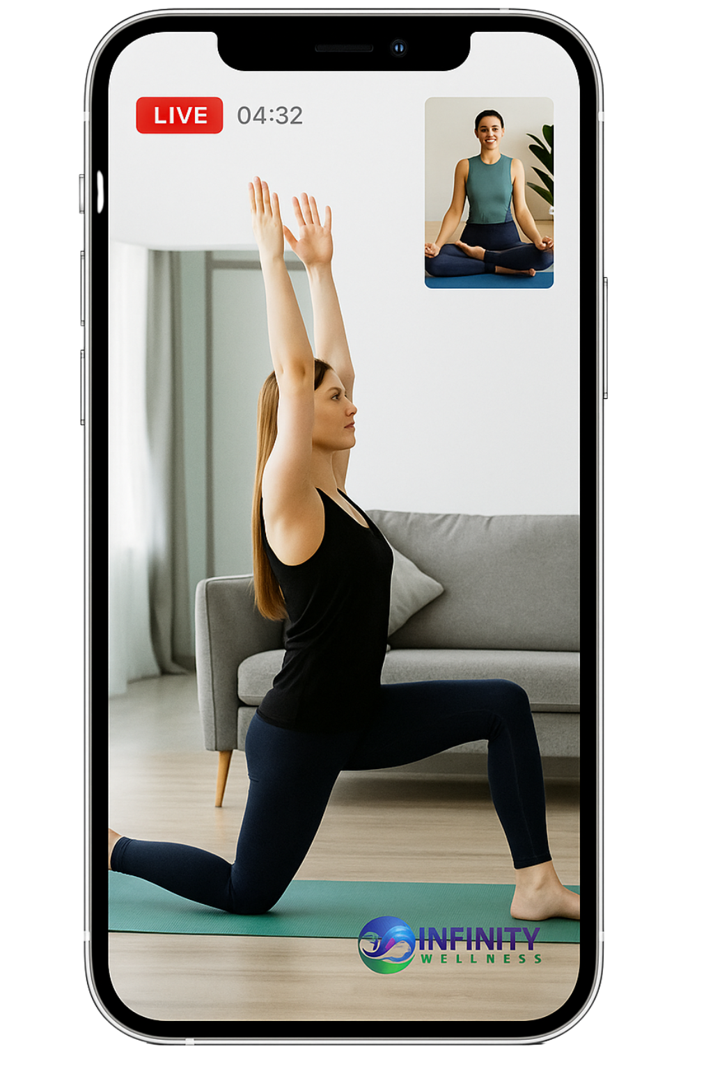 Phone mockup showing a virtual yoga class with a woman practicing a raised-arm pose during a live video session.