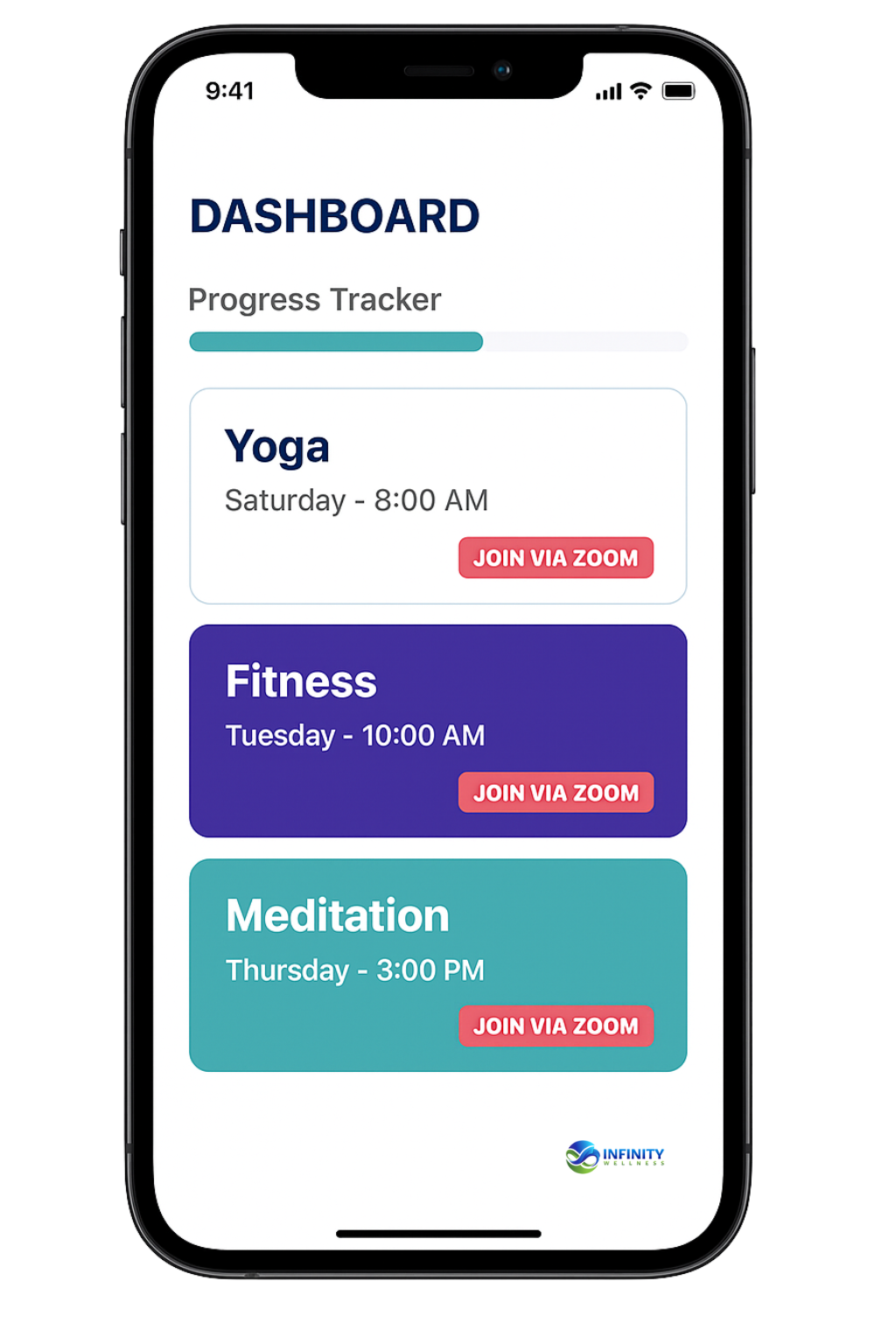 iPhone mockup displaying a wellness dashboard with options for Yoga, Fitness, and Meditation programs.