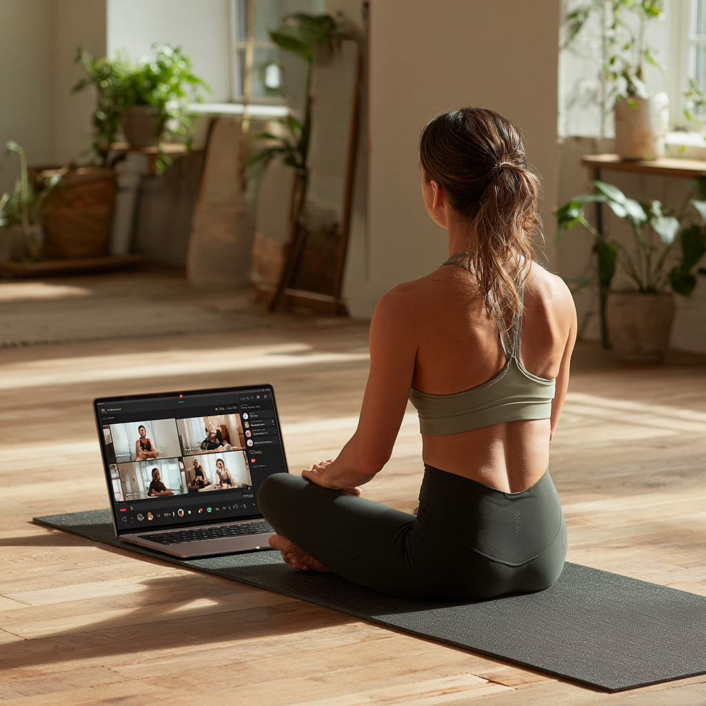 Woman sitting on a yoga mat at home, following an online yoga class displayed on her laptop.