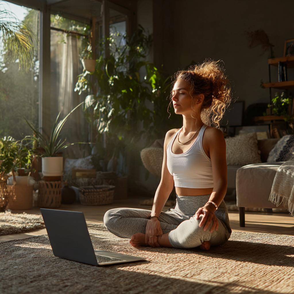 Woman sitting cross-legged on a yoga mat at home, meditating in front of a laptop with sunlight streaming through the window.