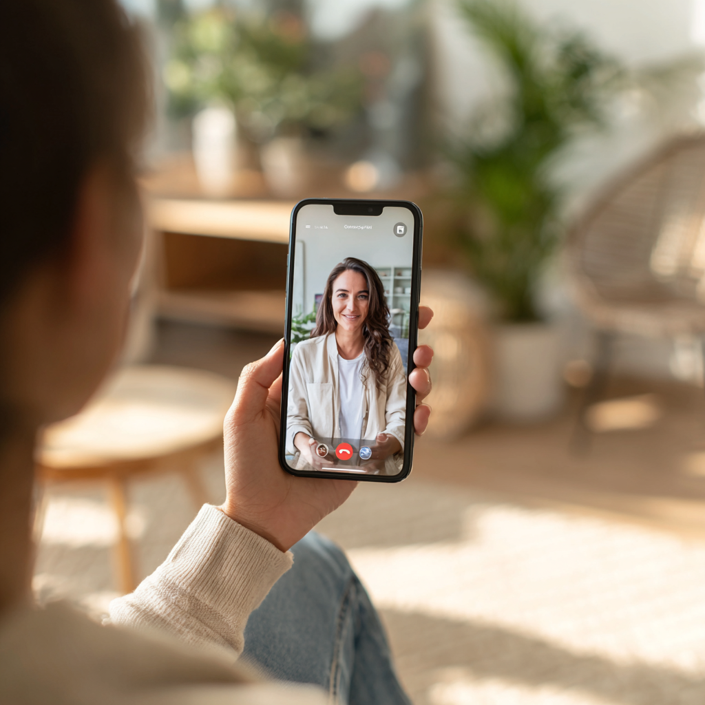 Person holding a smartphone during a virtual wellness coaching video call with a coach on screen.