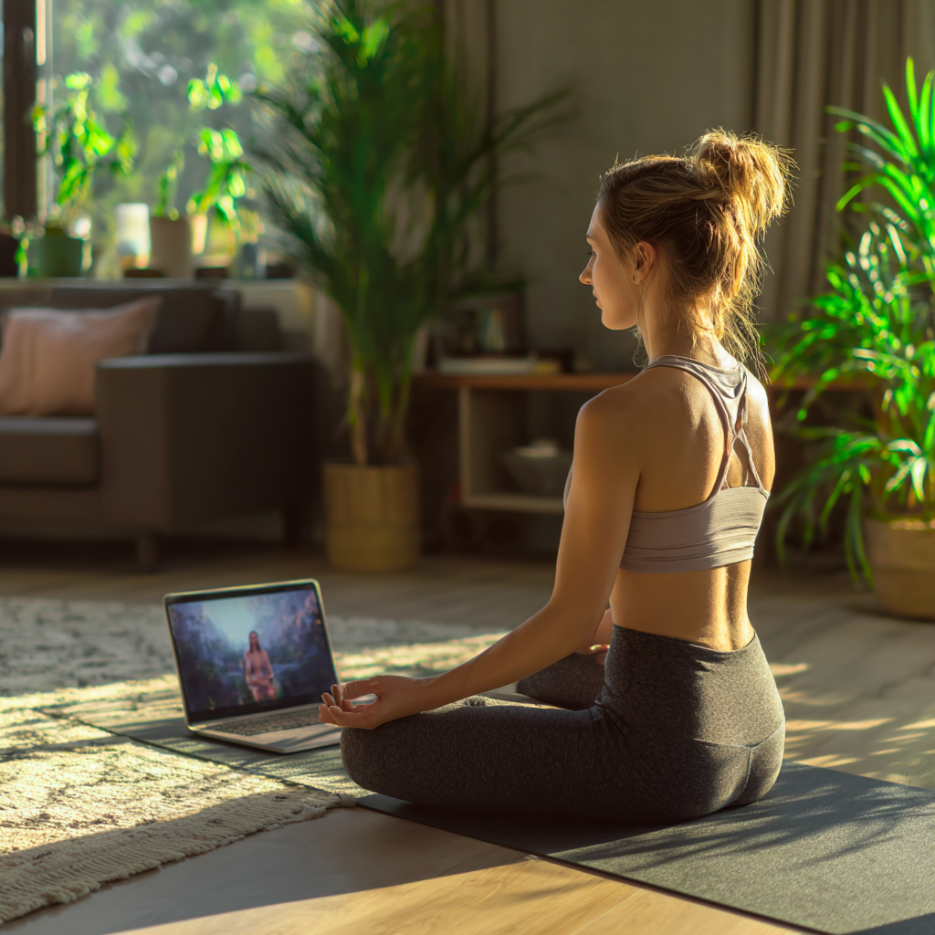 Woman sitting cross-legged on a yoga mat at home, watching a wellness class on her laptop in a bright room with plants.