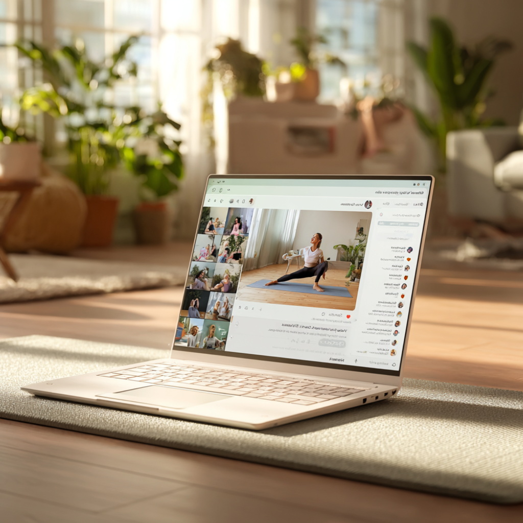 Laptop on a wooden table displaying an online yoga class with an instructor and participants, set in a bright home environment with plants in the background.