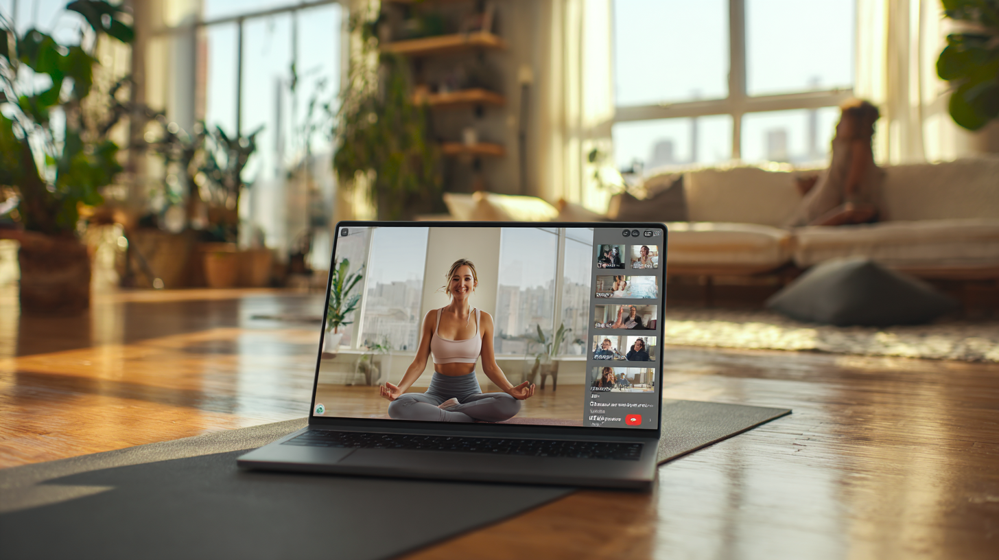 Laptop on the floor displaying a virtual wellness webinar with a yoga instructor and participants, in a bright living room setting.