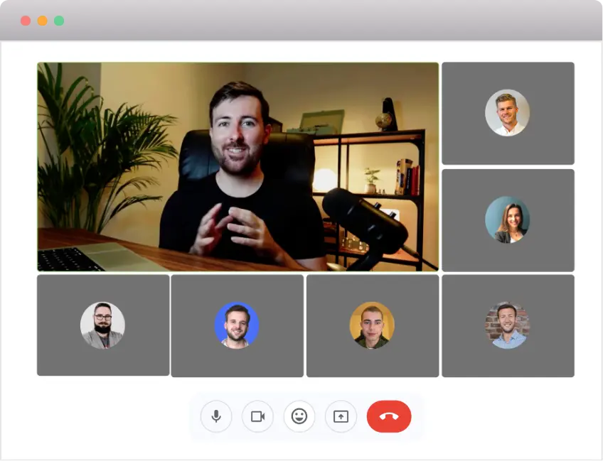 A group video call featuring a coach speaking to six participants during an online content creation session.