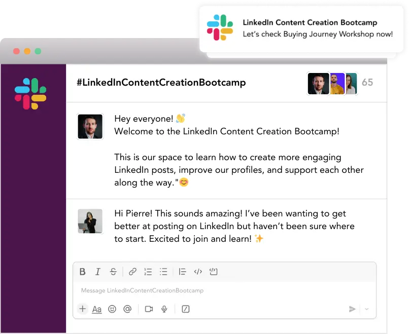 Slack community chat for a LinkedIn bootcamp with welcome messages and participant introductions.