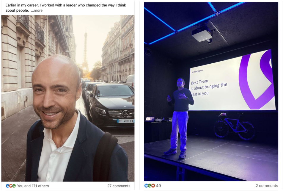 "Interactive animation demonstrating LinkedIn post creation tools, including options for polls, photos, and documents. Features a content calendar with diverse post formats such as text, video, and infographic posts."