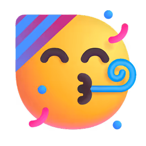 Yellow emoji blowing a blue party horn with eyes closed and colorful confetti around.