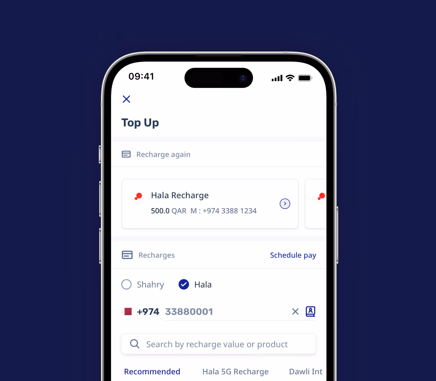 Mobile screen showing a Top Up app interface with options to recharge Hala phone number +974 3388 1234, input field for phone number +974 33880001, and a search bar for recharge value or products.