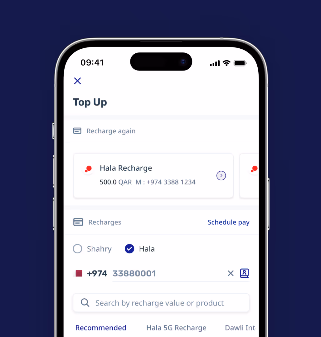 Mobile phone screen showing a Top Up interface with options for Hala Recharge, including phone number and recharge value in QAR, with search and schedule pay options.