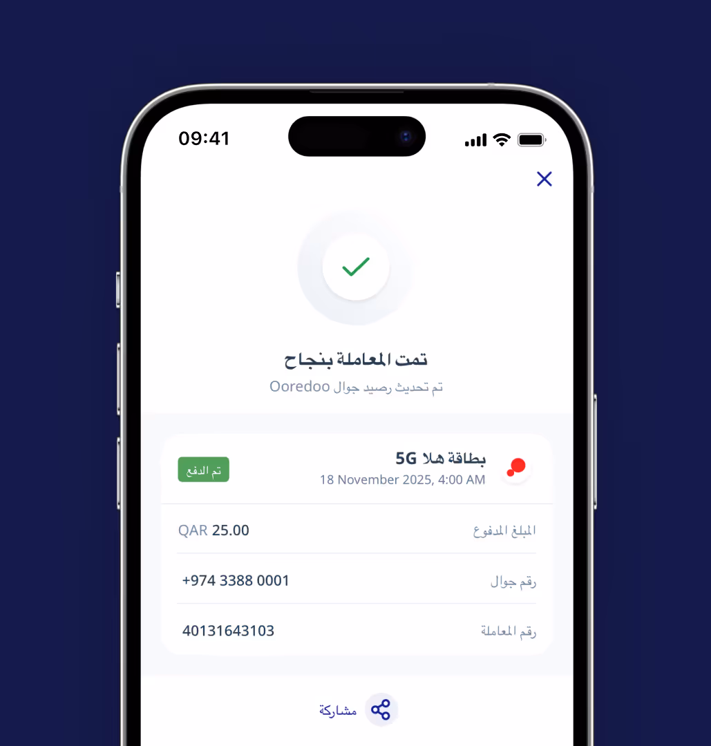 Mobile screen showing a successful transaction confirmation for an Ooredoo recharge of QAR 25.00 to a 5G Hala card with date and transaction details.