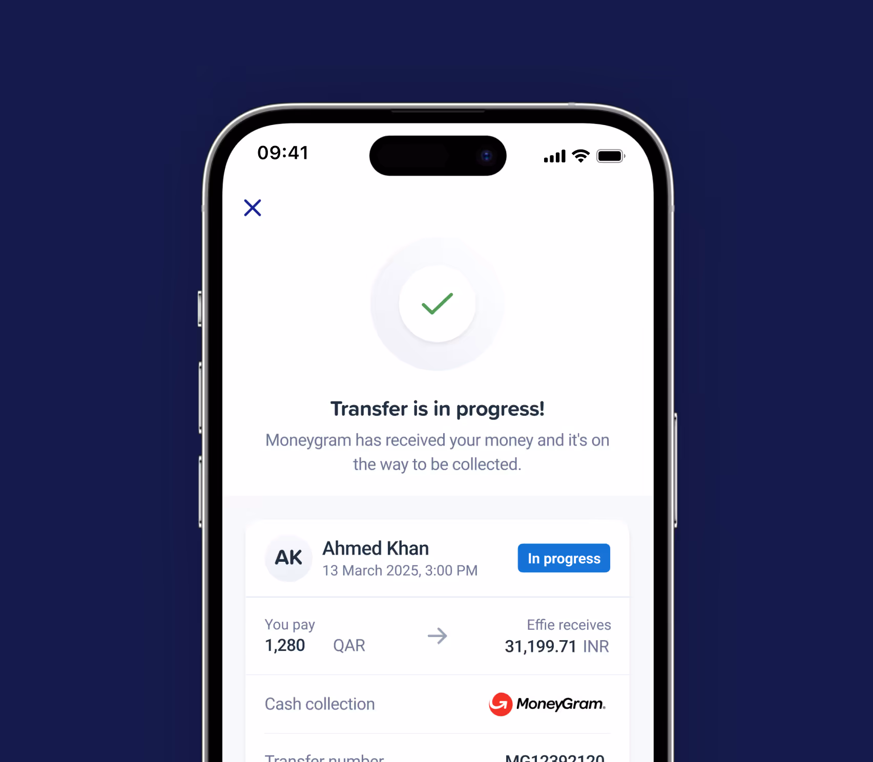 Mobile screen showing a MoneyGram transfer in progress from Ahmed Khan, paying 1,280 QAR to send 31,199.71 INR, with a confirmation checkmark.