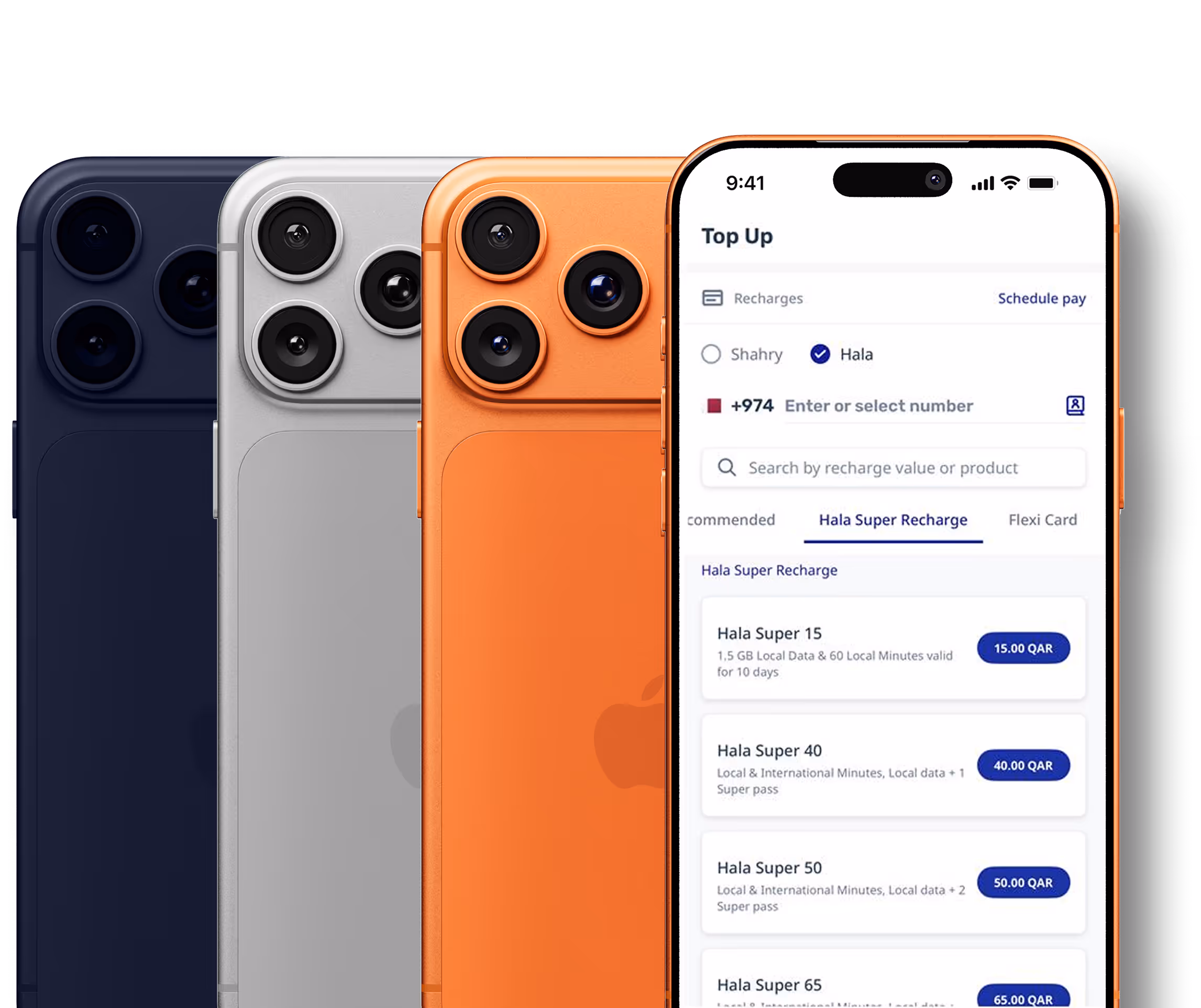 Three iPhones in blue, silver, and orange colors with the front iPhone screen showing a mobile app interface for 'Top Up' with recharge options and prices in QAR.