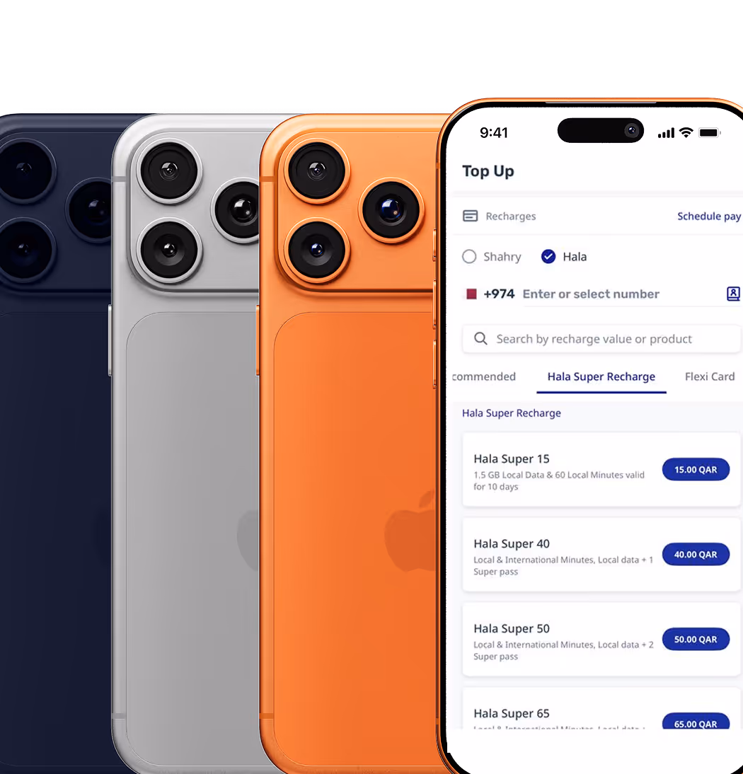 Three smartphones in navy, silver, and orange colors display the back camera design, with one phone showing a mobile recharge app screen offering Hala Super Recharge plans.