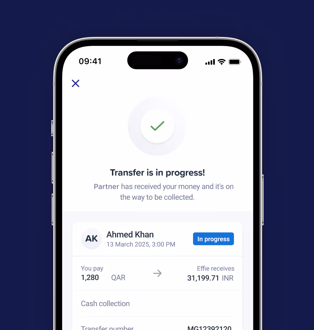 Mobile screen showing a money transfer in progress to Ahmed Khan with an amount of 1,280 QAR converting to 31,199.71 INR, marked as in progress.
