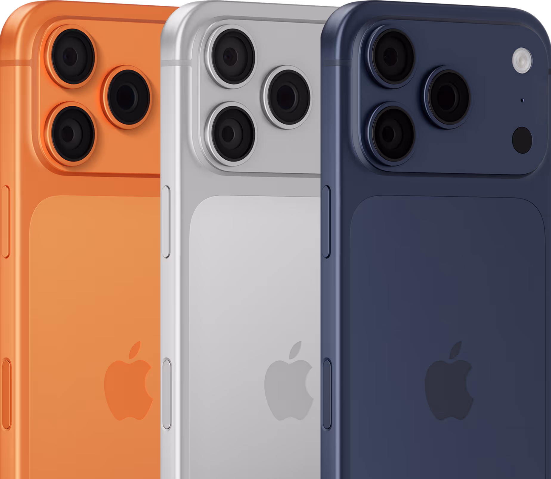 Three Apple iPhones in orange, silver, and blue showing their triple-camera systems and Apple logos on the back.