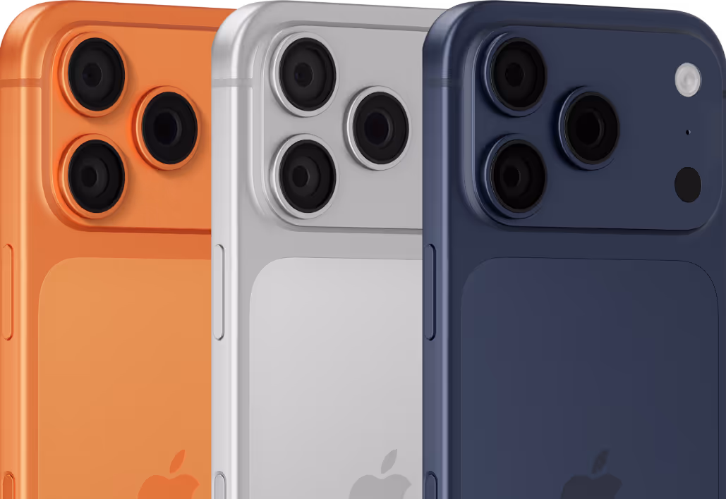 Three iPhones in orange, silver, and blue colors showing the rear triple camera setup.