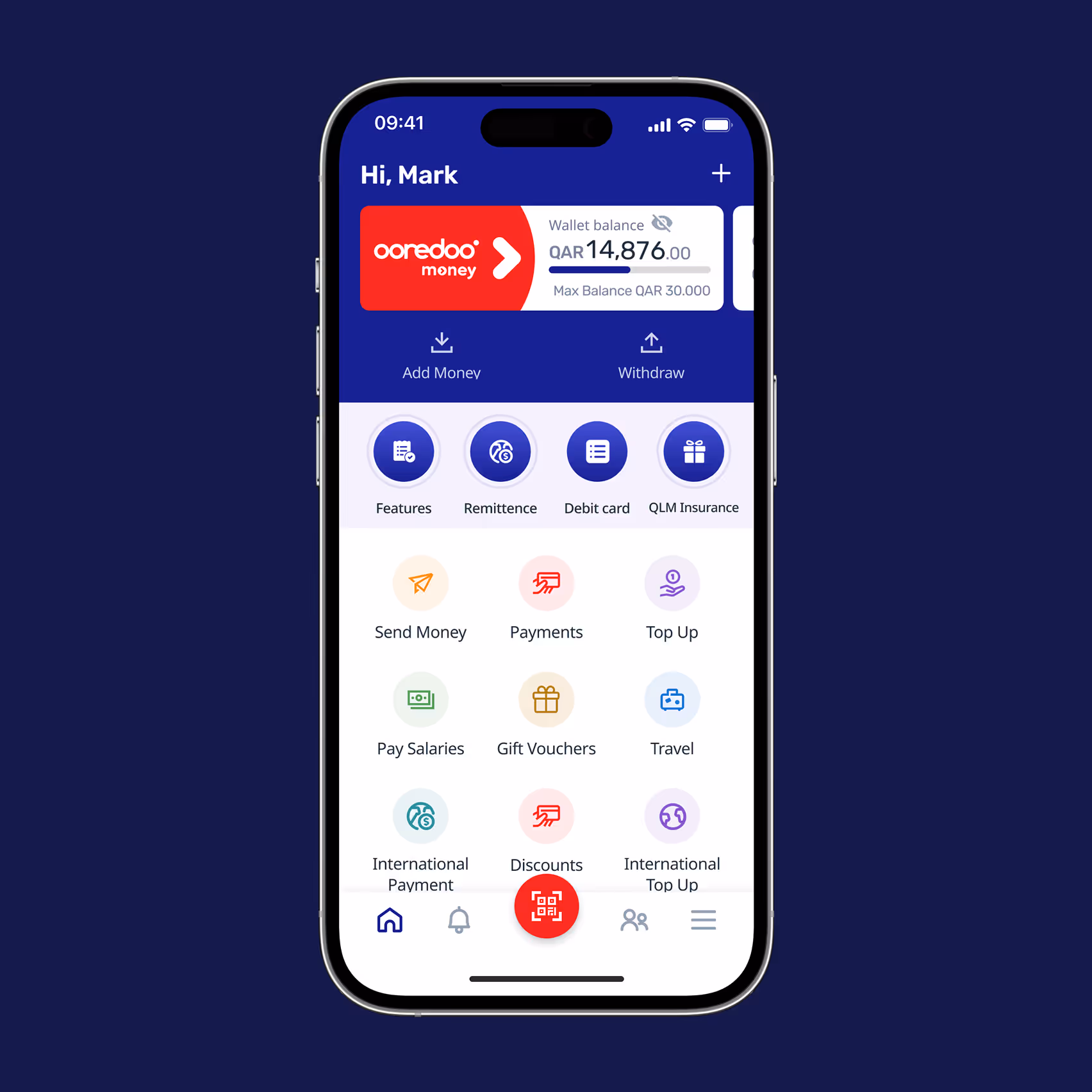 Mobile screen showing Ooredoo Money wallet with a balance of QAR 14,876, options to add money, withdraw, and various financial services like remittance, debit card, insurance, payments, travel, and discounts.