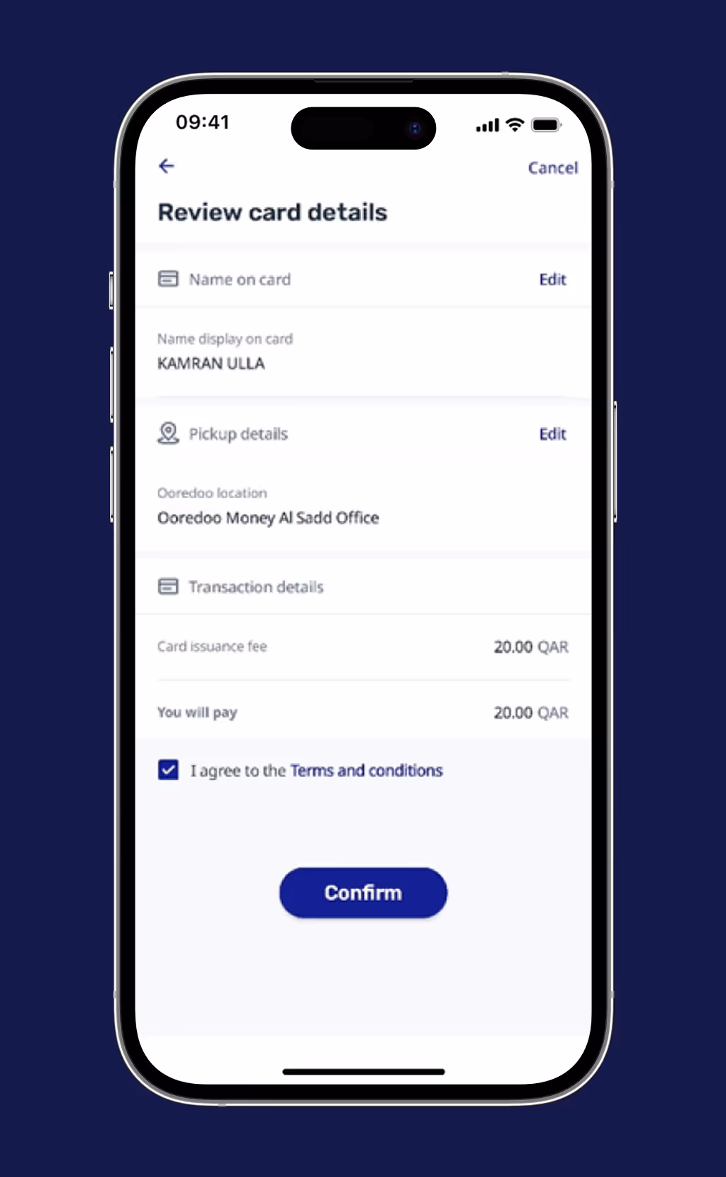 Mobile screen showing a form to review card details with sections for name Kamran Ulla, pickup location Ooredoo Money Al Sadd Office, a card issuance fee of 20.00 QAR, and a confirm button below.