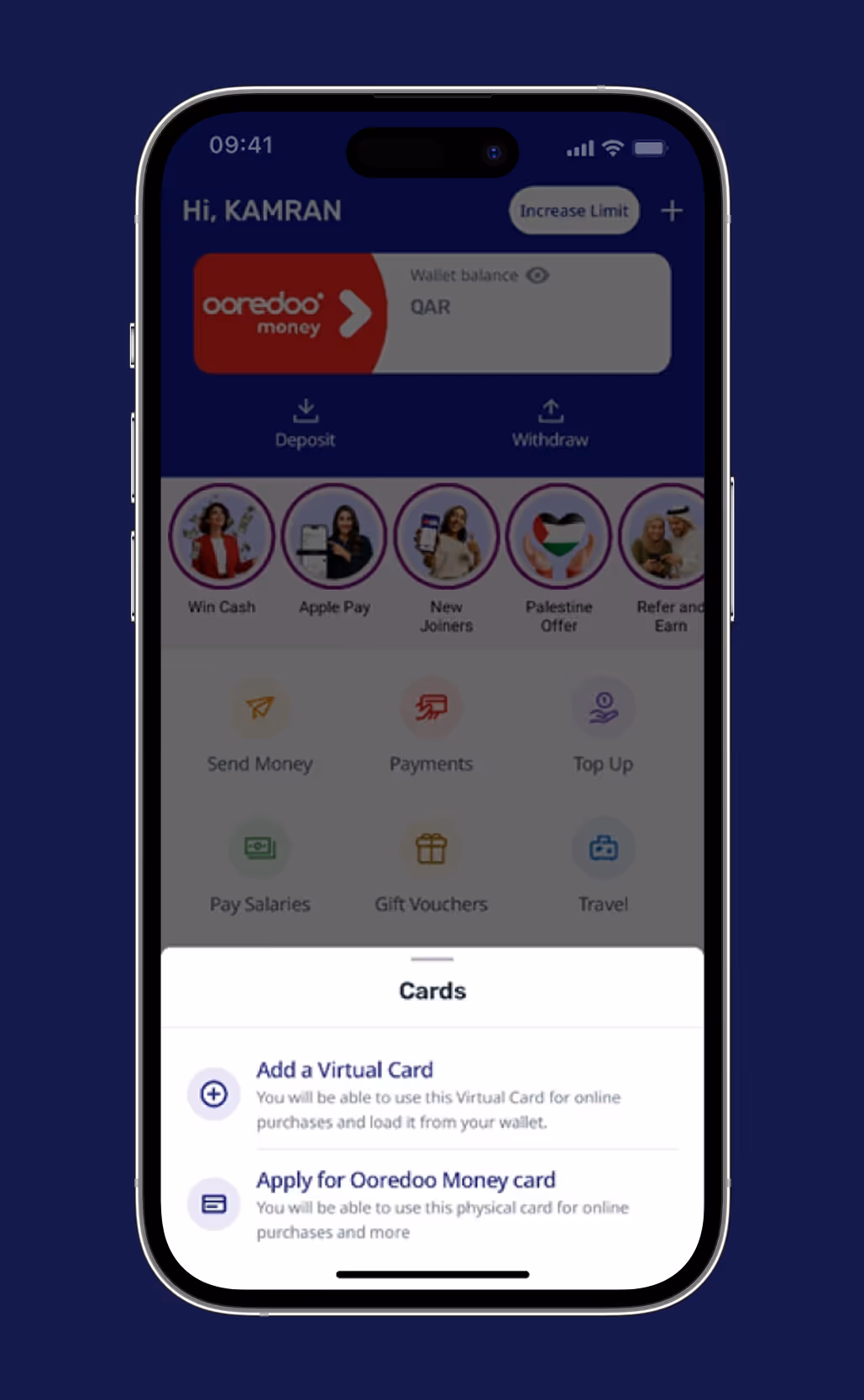 Mobile screen showing Ooredoo Money app with wallet balance, options for deposit, withdraw, and services like Send Money, Payments, and Travel; cards section offers to add a virtual card or apply for an Ooredoo Money physical card.