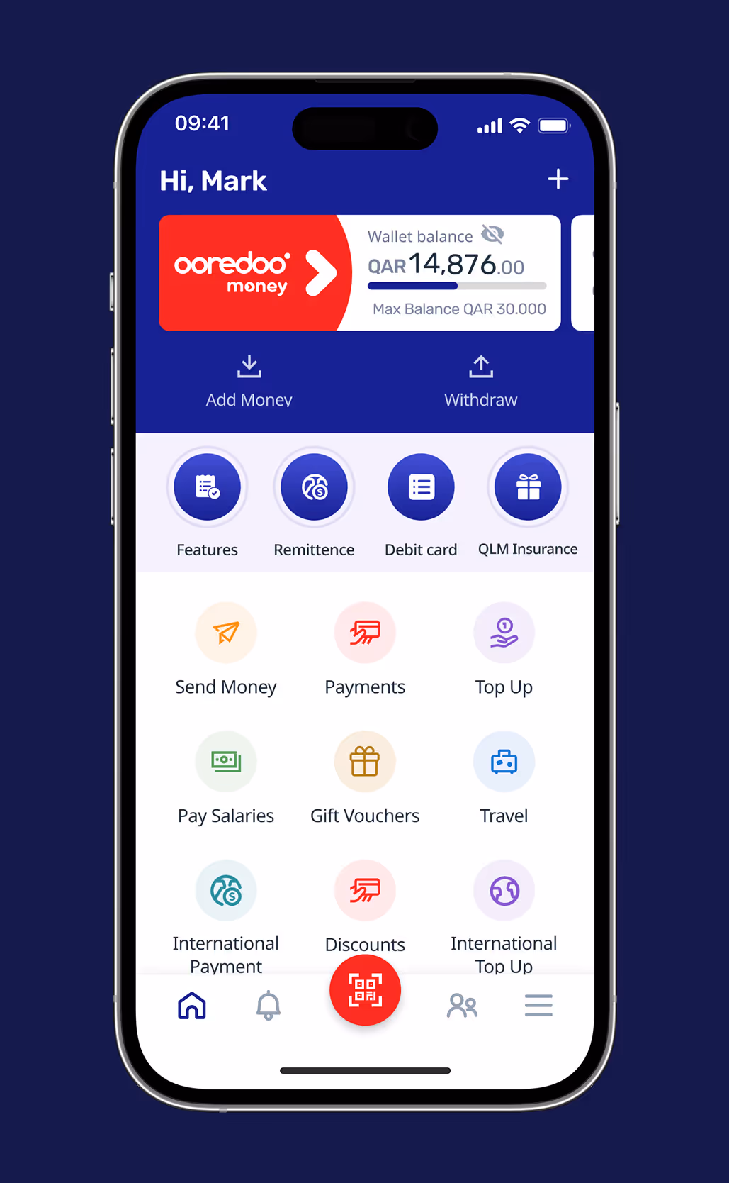 Mobile app screen showing Ooredoo Money wallet with a balance of QAR 14,876, options to add money or withdraw, and icons for features like remittance, debit card, insurance, send money, payments, top up, pay salaries, gift vouchers, travel, international payment, discounts, and international top up.