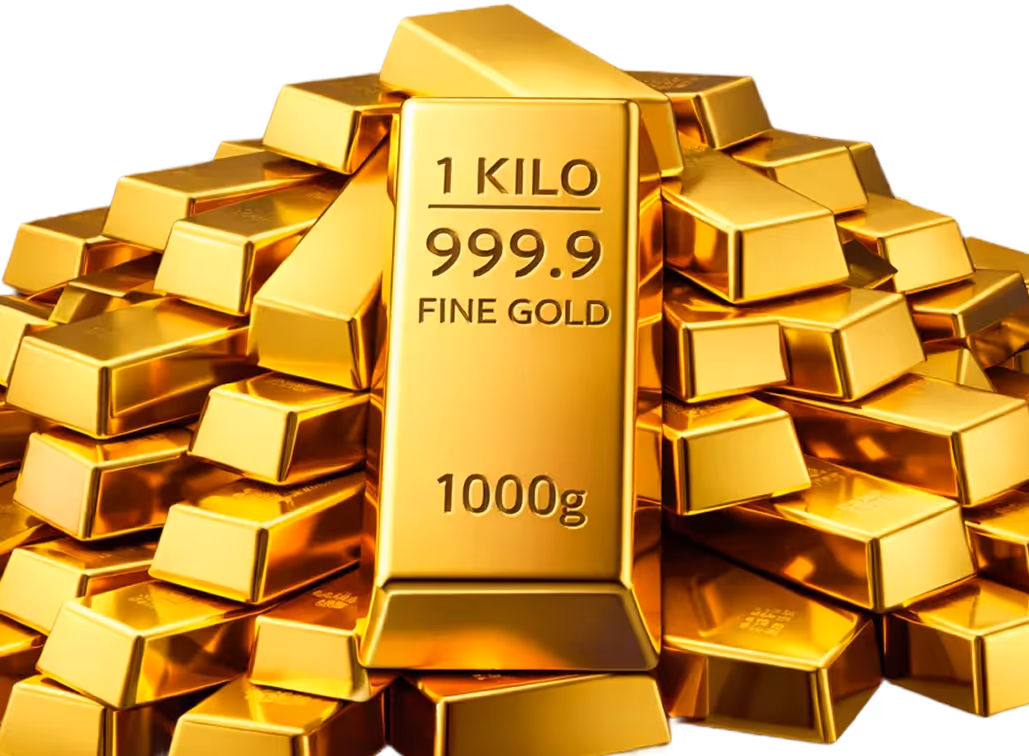 كومة من السبائك الذهبية اللامعة مع شريط واحد في الأمام مكتوب عليه 1 KILO 999.9 FINE GOLD 1000 جرام.
