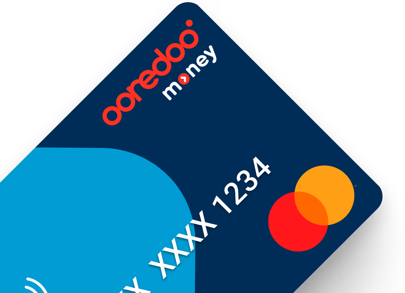 يتم عرض بطاقة Ooredoo Money مع شعار Mastercard ورقم البطاقة الجزئي على خلفية زرقاء.