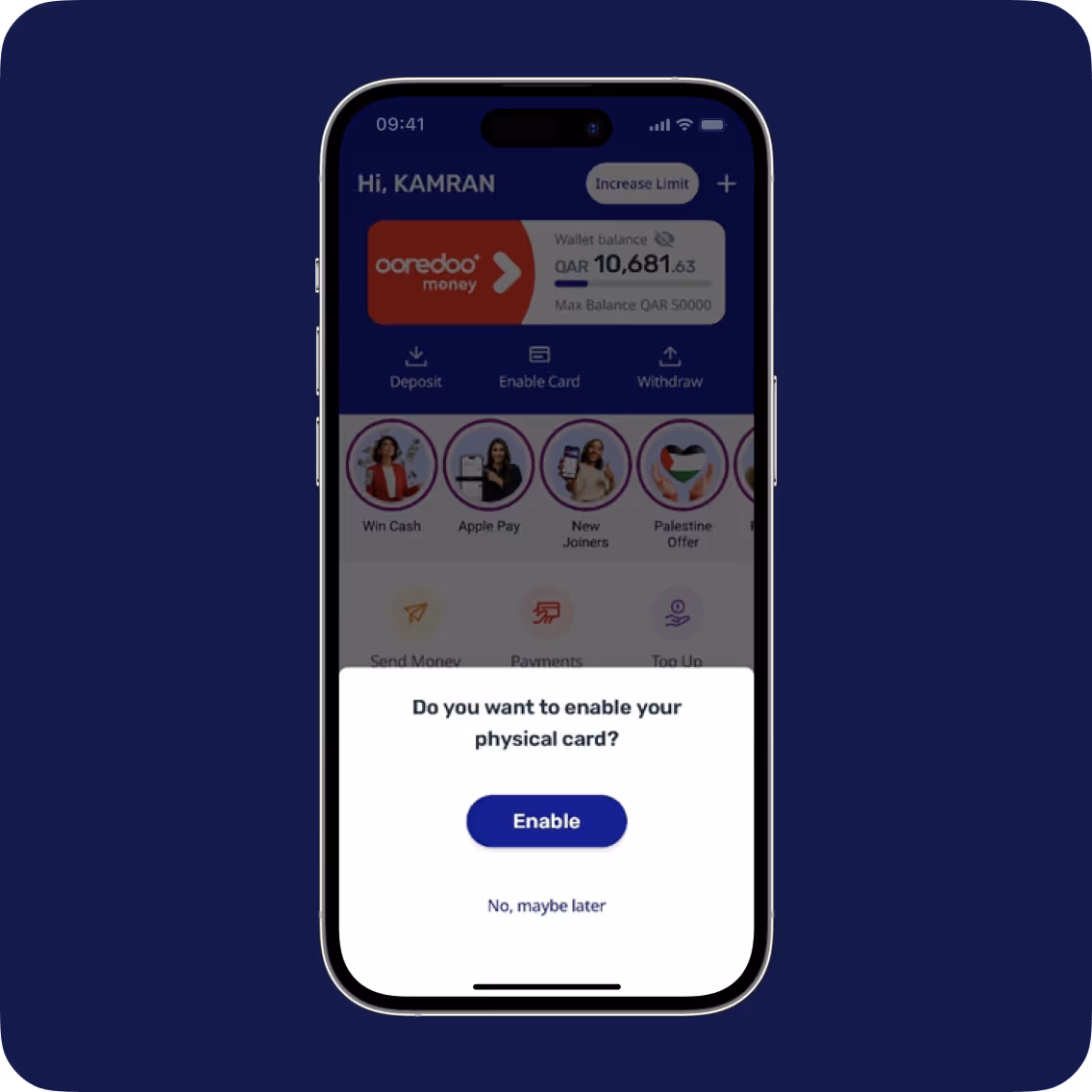 Mobile screen showing Ooredoo Money app with a popup to enable a physical card.