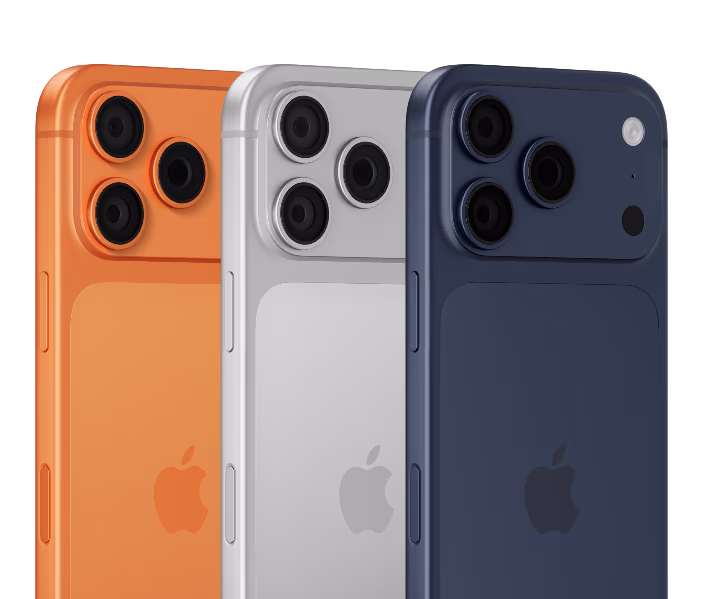 ثلاثة أجهزة iPhone باللون البرتقالي والفضي والأزرق مع كاميرات ثلاثية العدسات جنبًا إلى جنب.