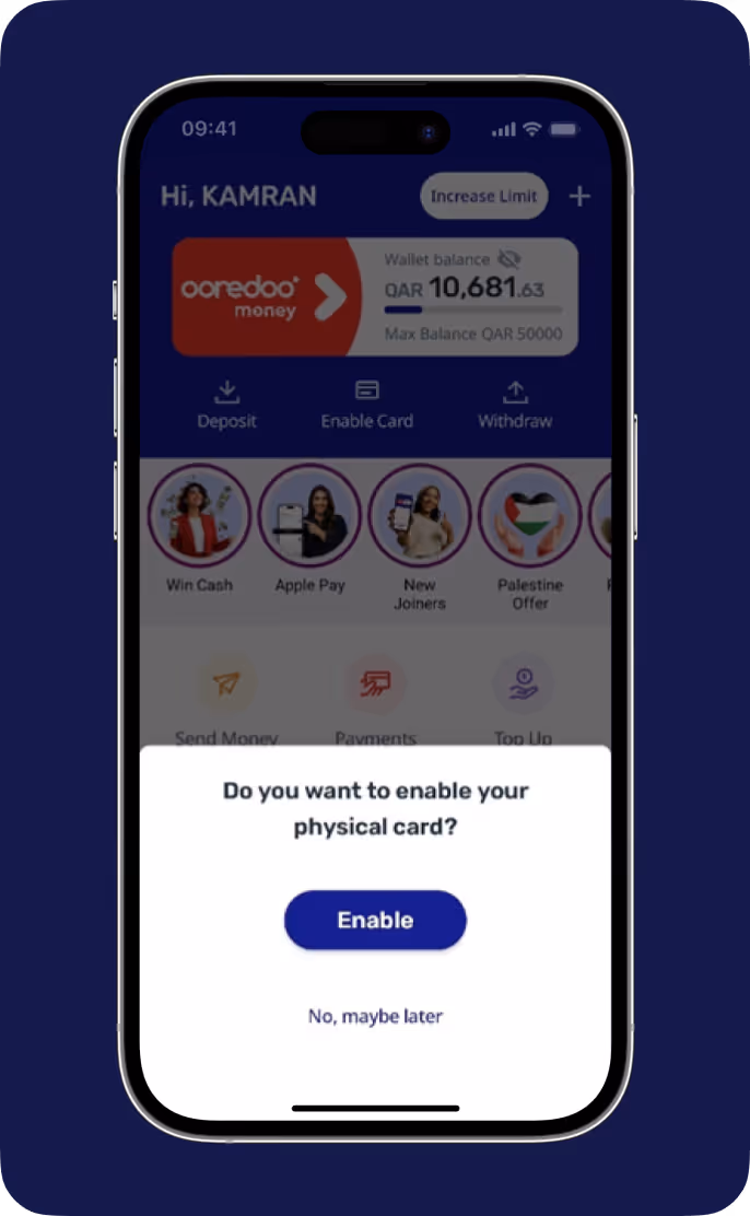 Mobile screen showing a wallet balance and a prompt asking to enable a physical card with Enable or later options.