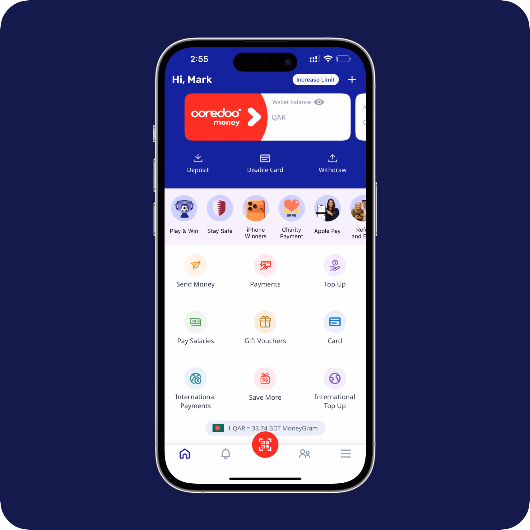 Mobile screen showing Ooredoo Money app with wallet balance, payment options, and menu icons.