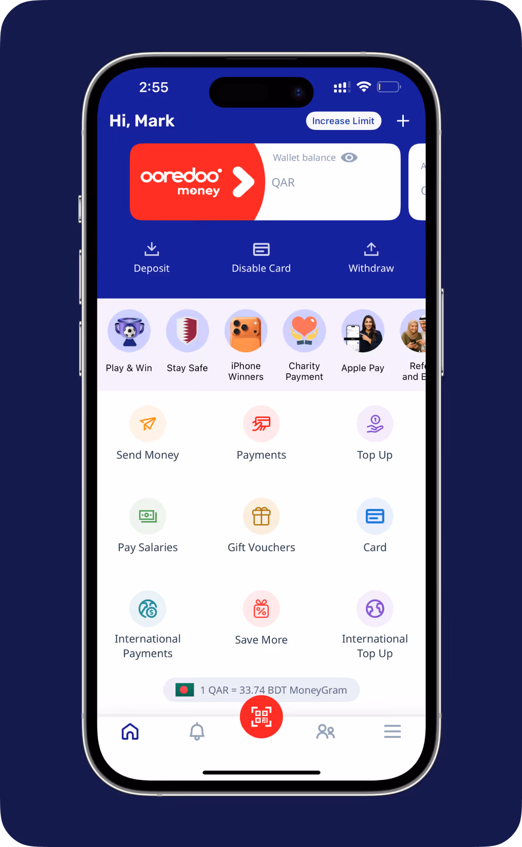 Mobile screen showing Ooredoo Money app with options like deposit, payments, send money, and gift vouchers.