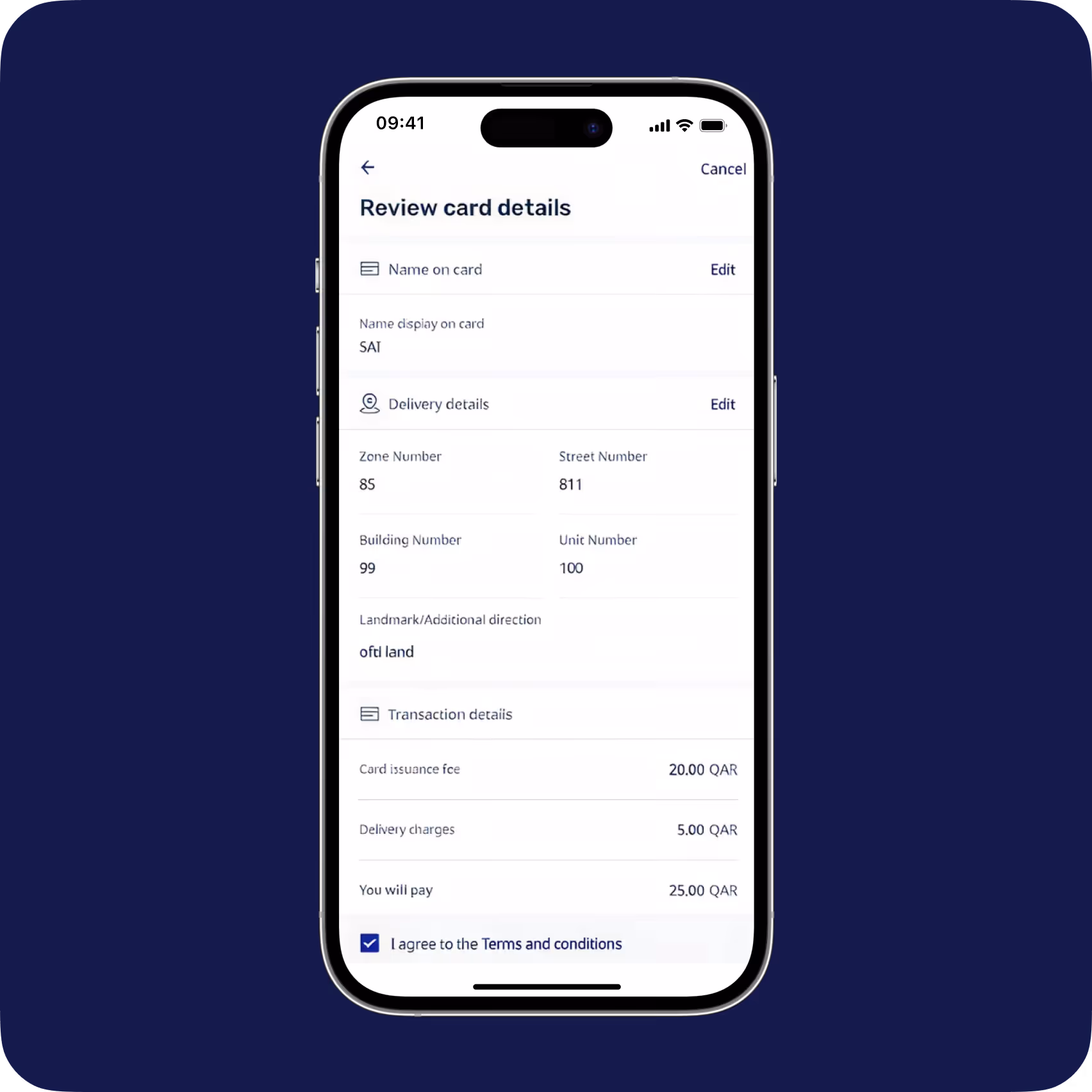 Mobile screen showing card details review with name, delivery info, fees, and terms acceptance checkbox.