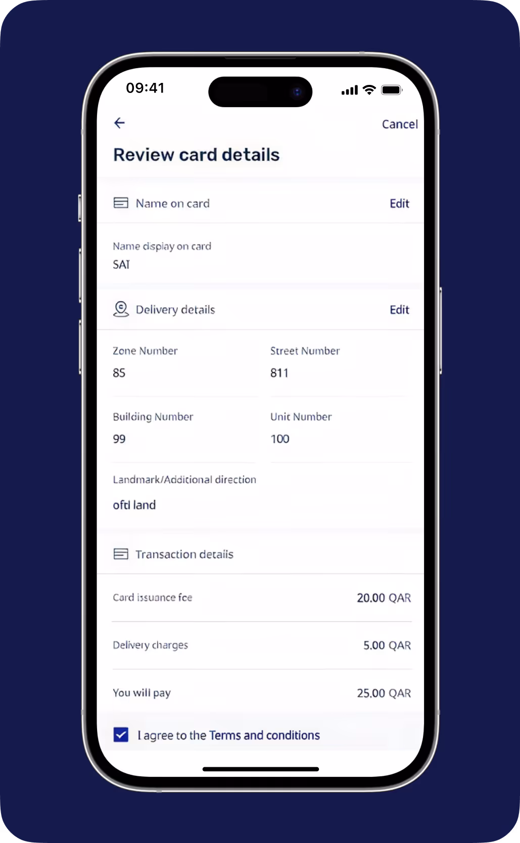 Mobile screen showing review of card details with delivery and transaction info, including zone 85 and total 25 QAR.