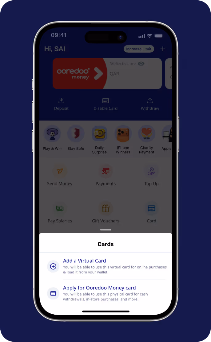 Mobile app screen showing Ooredoo Money wallet with options to add virtual card or apply for physical card.
