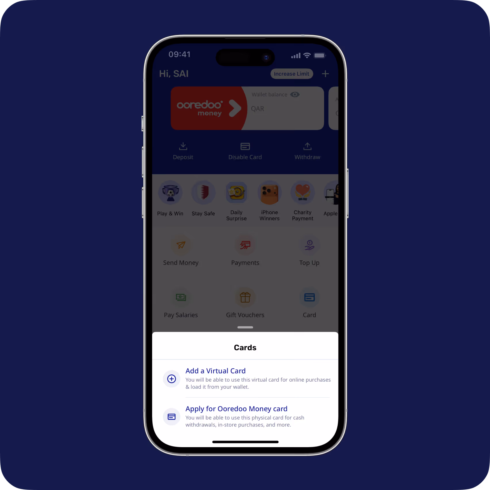 Mobile app screen showing Ooredoo Money wallet with options to add virtual or physical cards.