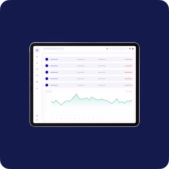 Tablet screen displaying a dashboard with rows of data points on top and a line graph chart below, all on a dark blue background.