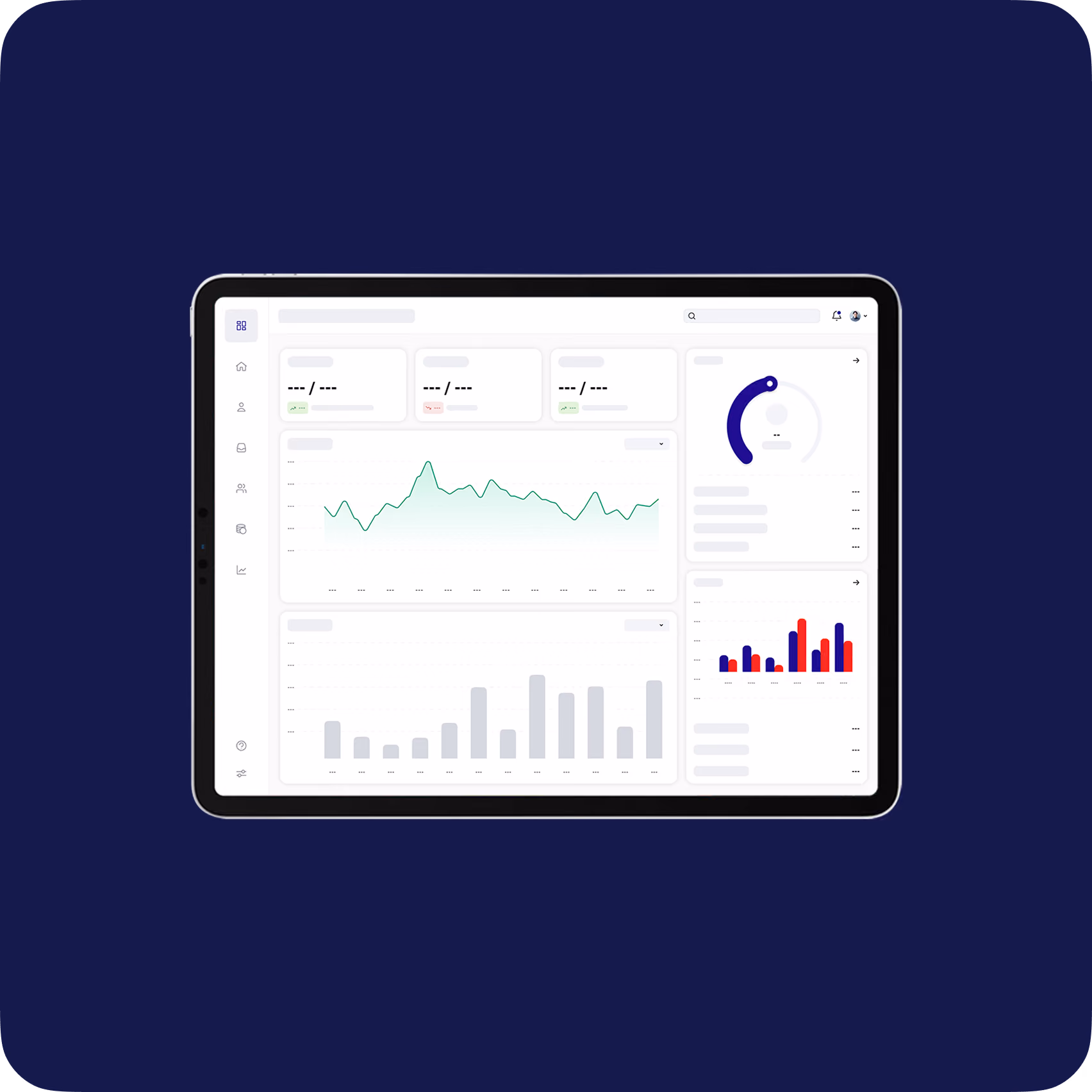 Tablet screen displaying a dashboard with various charts including a green line graph, gray bar chart, circular gauge, and a small multi-color bar chart on a dark blue background.