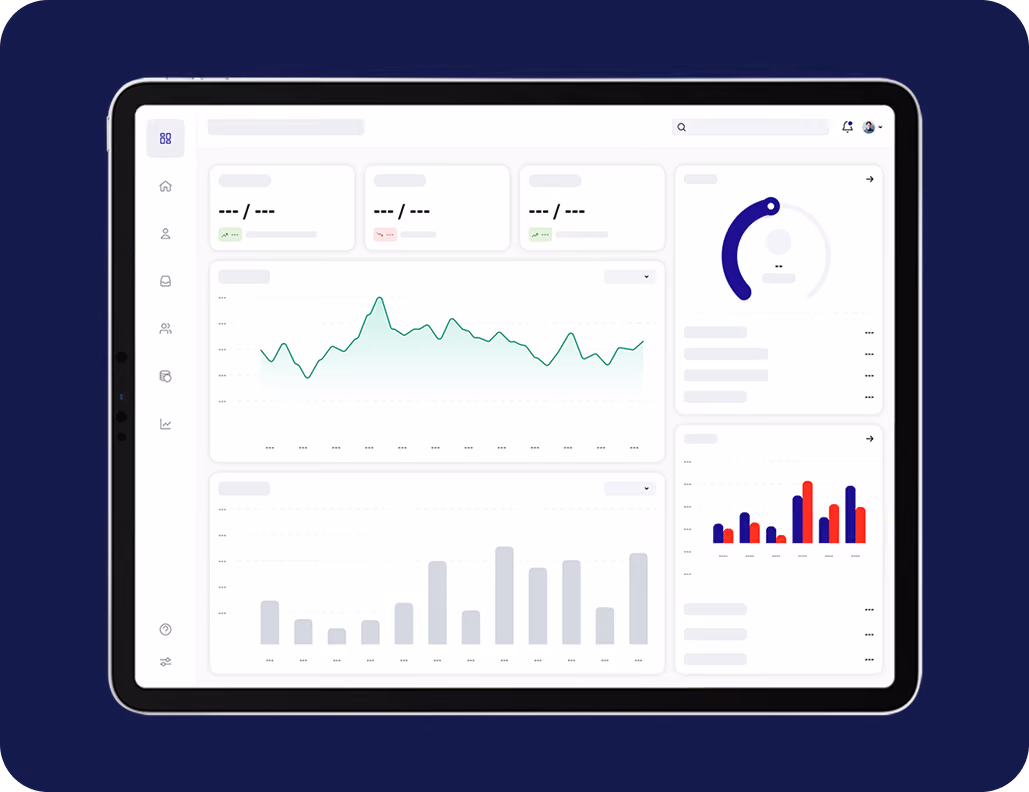 Tablet screen displaying a dashboard with various graphs and charts, including a line graph, bar charts in gray and red-blue colors, and a semicircular gauge, all against a dark blue background.