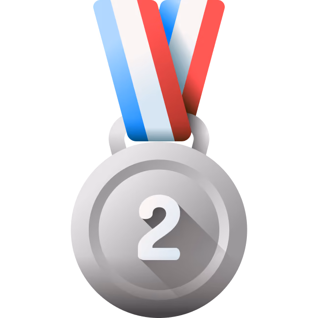 Silver second place medal with a number 2 in the center and a ribbon with blue, white, and red stripes.