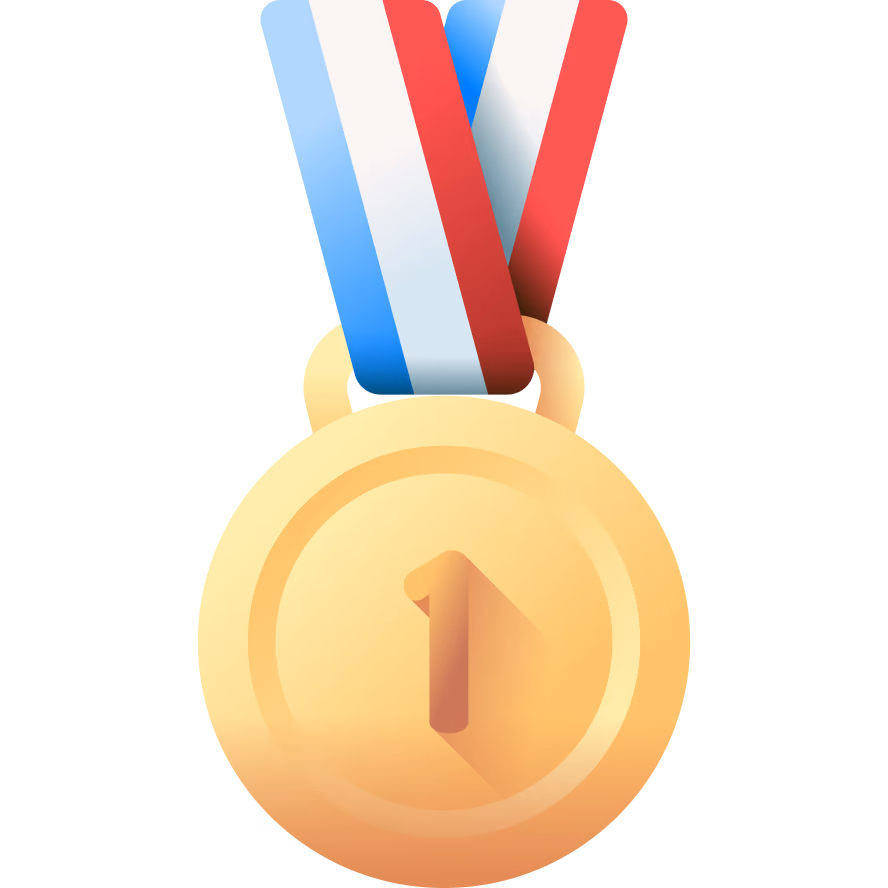 Gold medal with a tricolor ribbon in blue, white, and red, displaying a raised number 1 in the center.